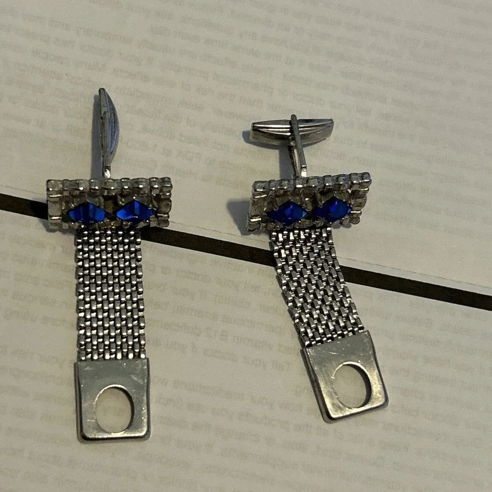 Vintage Silver Tone Men's Sapphire Blue Cufflink & Tie Tack Set - Unsigned